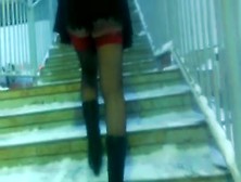 Chick Flashing Her Black Stockings With The Red Tops Outdoor