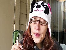 Sexy Redhead Smoking White Filter 100 Outside In Funny Beanie Hat No Makeup