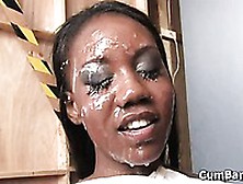 Black Babe Nina Devon Sucks Dicks,  Licks Balls And Finally Gets Semen On Face