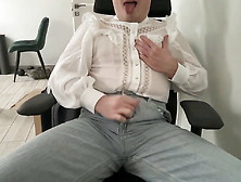 Crossdresser In A White Blouse And Blue Wide Leg Jeans Masturbating And Cum In Office