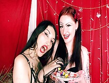 Naughty Food Fetish With Two Stunning Ladies Indulging In Candy,  Passionate Kisses,  And Drool