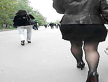 Hottie In Black Pantyhose Demonstrates Her Legs