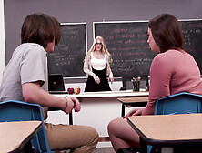 Milf Teacher End Her Best Students Share Lesbian Thrills In Classroom Threesome