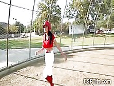 Busty Softball Babe Handles A Big Wood