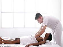 White Masseur Treats An Ebony Lady With An Oily Rub Before Taking His Cock Out
