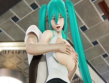 Miku Gets Her Breasts Massaged Her Bum Licking And A Giant Dildo In Her Cunt.