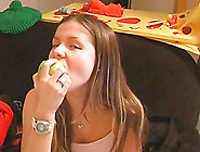 Cute Teen Wearing Pink Panties Eat An Apple