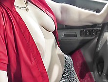 Sexy Milf Without Panties And Without Bra Is Learning To Drive Car With Her Instructor.  In Public.  Natural Tits Milf