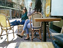 Two Delicious Brunettes Get Their Candid Feet Filmed At The Caffe