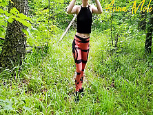 Outdoor Masturbation,  Girl In Leggings Walking In The Woods Masturbates Pussy And Cums.  Anna Mole