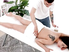 Young Masseur Drills Client's Shaved Pussy And Fills It Up