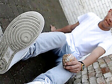 Good-Looking Latino Guy Enjoys Public Foot Massage