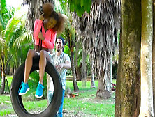 Curly-Haired Ebony Babe Nicely Drilled Outdoors On Tire Swing