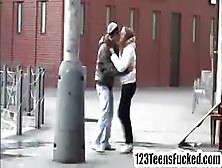 Teen Brunette Kissing A Backpacker