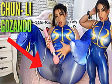 Charming Cosplay Chick Dressed As Chun Li From Street Fighter Playing With Her Htachi Vibrator Climax And Soaking Her Panties An