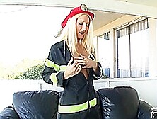 Bald Man Enjoys Fucking A Blonde Babe Dressed In Firefighter Uniform On The Couch