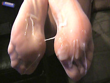 Wifeys White Nylons Receive A Large Load Dumped On Her Soles