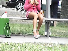 Delicious Brunette Waits For The Bus While Getting Caught O