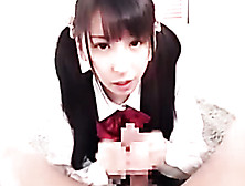 Pigtailed Japanese Chick In School Uniform Practicing A Handjob With Her Teacher
