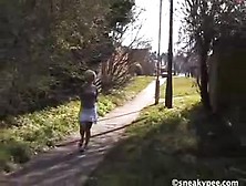 Chick With White Skirt Peeing In Public