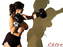 Shadow Boxing Brunette In Shorts Shows Off Her Boobs