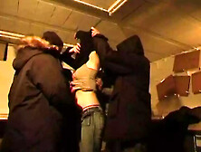 A Group Of Hard Dicks Playing With A Horny Babe From France In The Basement