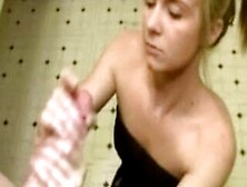 Blonde Milf Sneaks Off To Bathroom To Grease Up Guys Pole