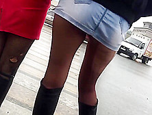 Slow Motion Spy Cam Under Russian Bitch In Denim Miniskirt! Shame On Her !