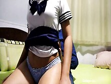 Japanese School Chick Uniform Dry Humping Cum Inside Leggings,  Dressed Assjob Into Lace G-String,  Cum Into