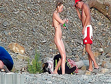 Naked Blonde Undresses And Showers In Front Of Group On Beach Nfcm