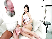 A Raven Haired Girl Is With An Old Man,  Getting Cumshot By Him