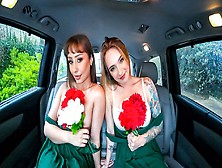 Two Sexy Bridesmaids Sonny Mckinley & Tommy King Share Fat Cock In A Taxi - Perv Driver
