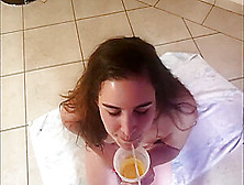 Thirsty Chubby Teen Drinking Piss Out Of A Cup