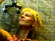 Blonde Transgirl In Shower Wet In Clothes Masturbate And Cum.  Wetlook In Red Rose Dress.