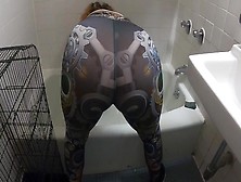 Wife In Sheer Tights Cleaning Bathroom Flashing Thong And Tits