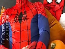 Gay Lad Dressed As A Sexy Spiderman Masturbating And Cumming For The Webcam