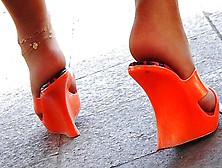 Voyeur Captures Curvy Mature Woman In Sexy Orange Shoes In Public