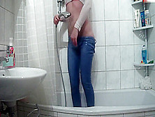 Wetlook Pissing And Showering Jeans