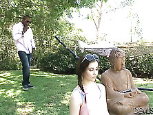 Lovely Brunette Meditates At The Garden Then Her Hairy Pussy Gets Fucked By A Black Guy