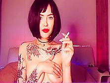 Girl In Red With Big Lips Smoke Cig And Play With Her Body!