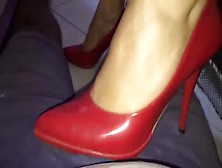 Whore In Sexy Red High Heel Shoes Stepping On My Fat Dick