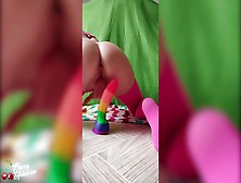 Woman Jumping On Rainbow Dildo And Playing With Bum Plug