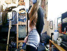 Trans Babe With Long Hair Teases And Pleasures Herself In Tiny Cut-Off Shorts