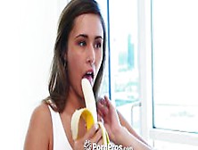 Hot Anastasia Black Tempts Guy With Banana Eating