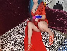 Giant Squirt Blue Hair Red Heels From Vibrating Dildo
