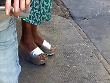 Ebony Mature Milf Cream Soles In Thick Silver Wedge Sandals