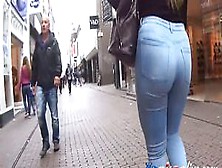 Juicy Blonde Walking With Big Booty And Tight Jeans
