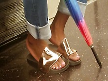 Candid Ebony Feet In Ugly Gold Shoes