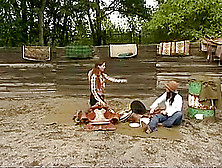 Two Hot Cowgirls Play,  Then Share A Big Cock