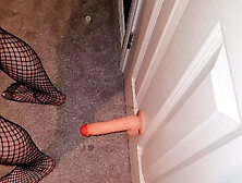 Caged Sissy Fucks 7Inch Dildo Is Fishnets Stockings